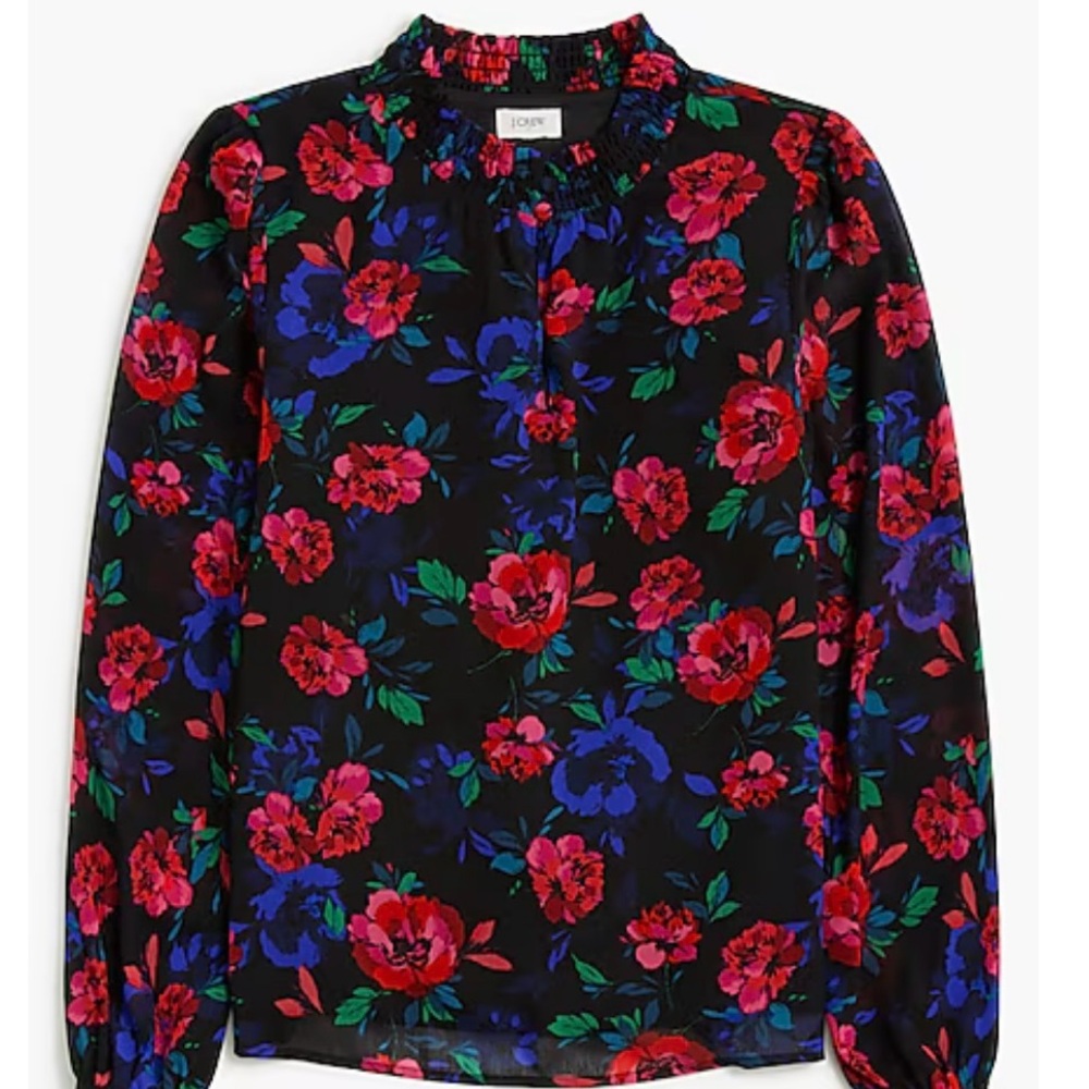 J. Crew Black Top with Red, Blue, and Green Floral Design